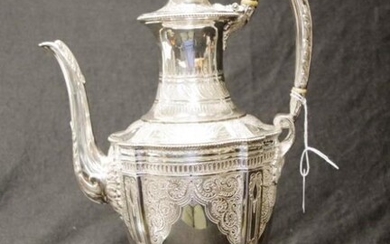 Good Victorian silver plate coffee pot extensive engraved decoration,...