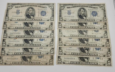 (Group of 12) Fr. 1650-1652, 1657 $5 1934/1957 Silver Certificates