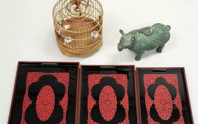 Group of Chinese, etc. items including 12" bronze rhinoceros vessel, old bamboo birdcage with 2
