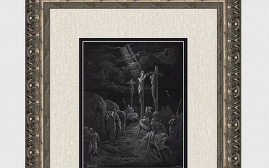 Gustave DORE SIGNED 1800s Religious Woodcut THE KING ON THE CROSS Framed