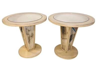 Hollywood Regency paint decorated mirrored side, end or lamp tables. A pair of exquisite tables