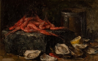 Hubert Bellis (1831-1902), still life with oysters and shrimps, oil on canvas, 28 x 45...
