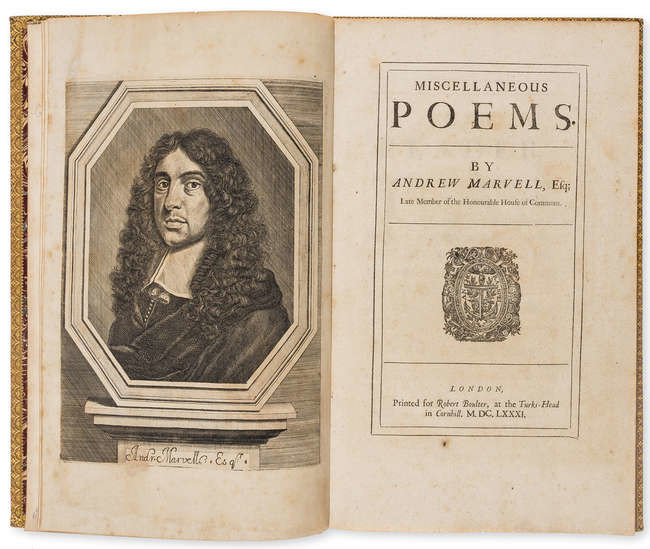 Huth copy.- Marvell (Andrew) Miscellaneous Poems, first edition, printed [by Simon Miller?] for Robert Boulter, at the Turks-Head in Cornhill, 1681.