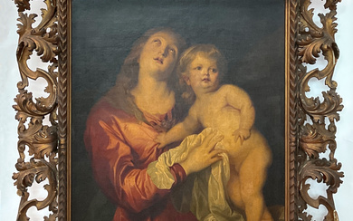Ignoto, antico dipinto tratto da Rubens "Madonna con Bambino" olio su tela (cm 101x75) in cornice in legno intagliato…