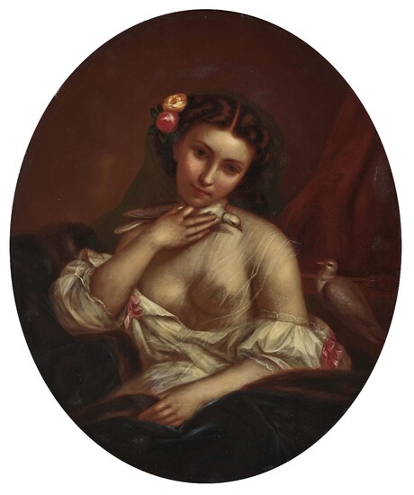 InconnuMilieu du XIXe s. Jeune femme avec colombes huile sur métal. 57 x 48 cm....