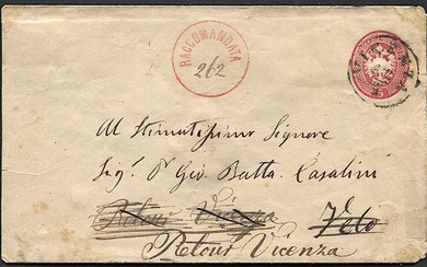 Intero postale raccomandato da 5 soldi da Vicenza per Velo d’Astico del 12 aprile 1866