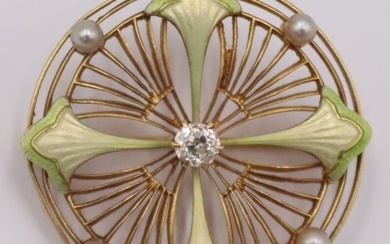 JEWELRY. Signed Art Nouveau 14kt Gold, Diamond