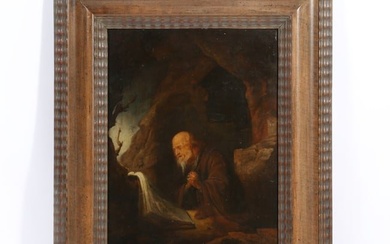 Jan Adriaensz Staveren, Dutch School (circa 1625-after 1668), a hermit kneeling in prayer in a cave