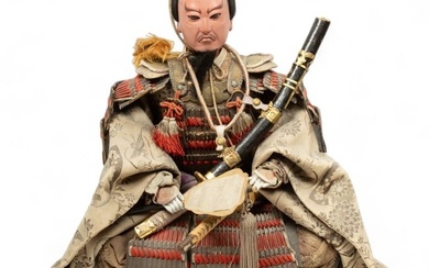 Japanese Ningyo Samurai Doll, Early 20th C., "Kneeling Figure,", H 16" W 16" Dia. 8"