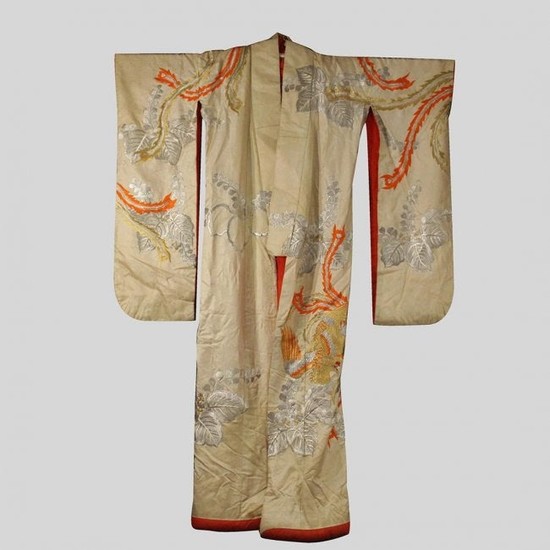 Japanese Silk Embroidered Wedding Kimono Birds, Floral