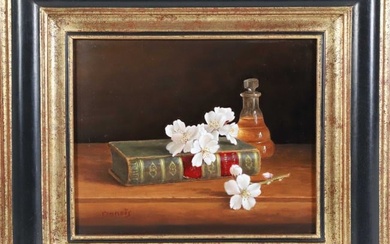 Jean Marie Daneis Oil on Canvas "Floral Still Life with Leather Bound Book"