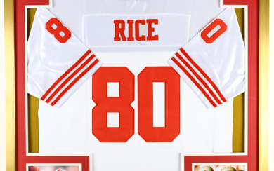 Jerry Rice Signed Custom Framed Cut Display with Jersey With Hall Of Fame Pin & (2) Cloth Patches (PSA)