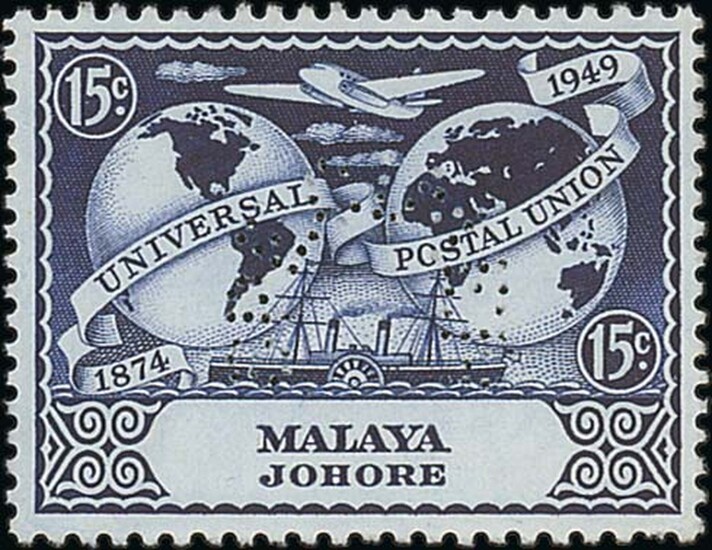 Johore 1949 U.P.U. 15c. deep blue and 25c. orange, both perforated “specimen” (Type B9), witho...