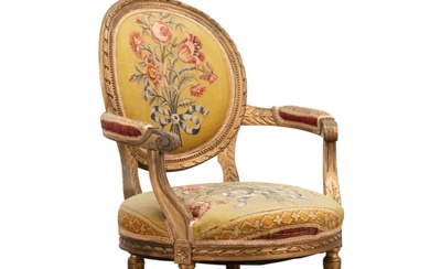 LOUIS XVI STYLE TAPESTRY & GILTWOOD FAUTEUIL