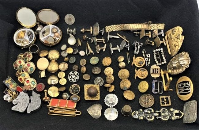 Large Variety MAN LOT, badges, buttons, buckles, cuff