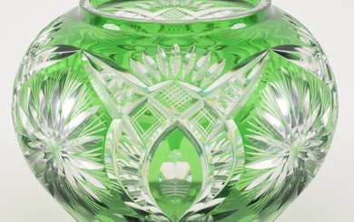 Large green cut to clear cut glass bowl or vase. 8.5in H x 11in W.