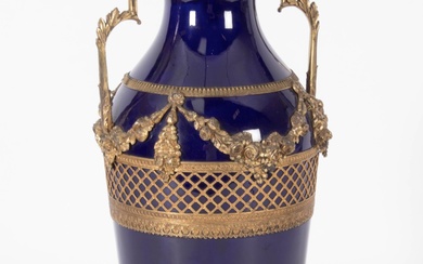 Large ormolu mounted Sevres style cobalt blue porcelain vase