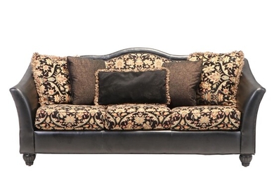 Leather and Feather Blend Sofa with Partial Tapestry Upholstery
