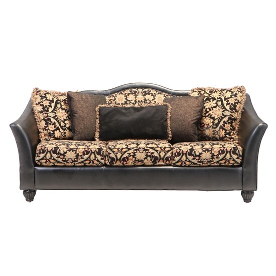 Leather and Feather Blend Sofa with Partial Tapestry Upholstery