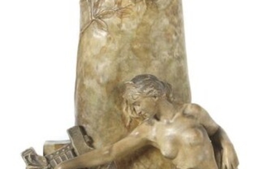 Louger, J. Art nouveau vase ''Musik'', E: 1897/1898, A: Goldscheider, Vienna, c. 1910, light-coloured shards, painted in brown, beige and olive shades, fully plastic lady's half nude with lyre, sitting on the side of the vase, at the mouth between...