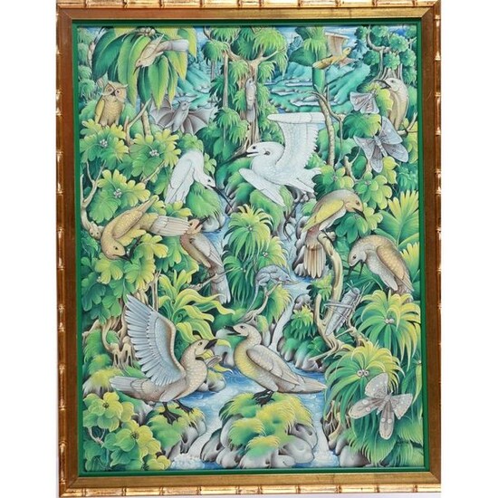 MERTA. "The Garden of Eden". Silk painting signed. (Very slight accident). H.65 L.50.