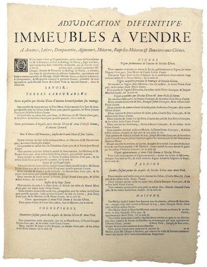 MEURTHE-ET-MOSELLE; 1757. BAILIWICK OF NANCY (54). Final adjudication. Buildings for sale at Amance, Laitre, Dompmartin, Agincourt, Moivron, Rupt-lez-Moivron & Bouxière-aux-Chênes. (... a silver annuity to the Lord of Rupt... a Cens to the Priory of...