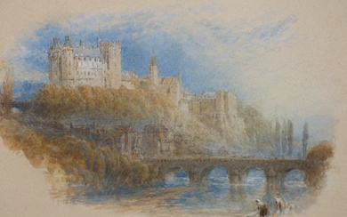 MYLES BIRKET-FOSTER (1825-1899), CASTLE ON HIGH CLIFFS ABOVE A RIVER WITH FIGURES BELOW, UNSIGNED