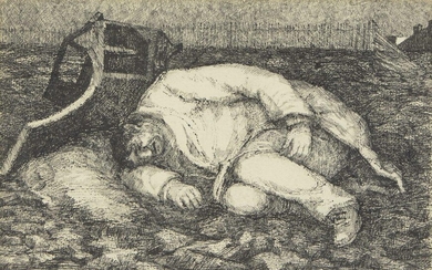 Mary Fitzpayne, British b.1928- Asleep amongst the rubbish; ink on paper, with label on the reverse of the frame inscribed 'Tramps & meths drinkers / Asleep amongst the rubbish 32', 17.5 x 27.6 cm: together with 2 other works by the same artist of...
