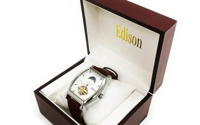 Mens Edison Quicksilver Gloss Finish & Genuine Leather Band Semi-Skeleton Watch