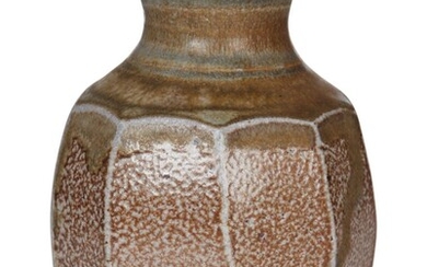 Micki Schloessingk (b.1949), Small sand and khaki coloured cut sided vase, circa 1980s, Glazed earthenware, Impressed potters seal 'M' to lower side, 10.5cm high.