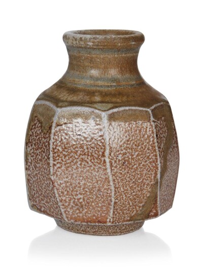 Micki Schloessingk (b.1949), Small sand and khaki coloured cut sided vase, circa 1980s, Glazed earthenware, Impressed potters seal 'M' to lower side, 10.5cm high.