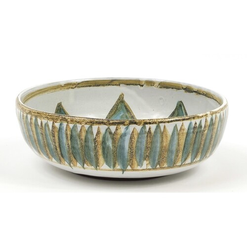 Mid 20th century St Ives pottery bowl painted with flower de...