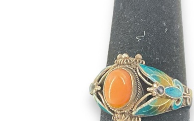 Modern Enameled Sterling Silver Filigree Ring with Coral Cabochon