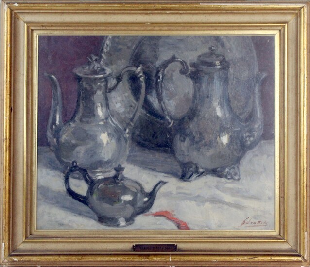 Natura morta-servizio da thè e caffè, olio su cartone, cm 38x46, entro cornice, Ferruccio Scattola (1873 - 1950)