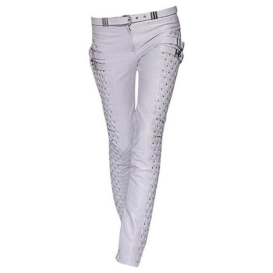 New VERSACE White Studded Leather Moto Pants