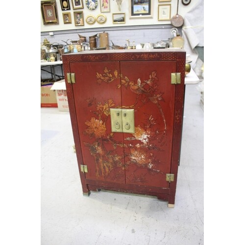 Oriental red lacquer cabinet, distressed, approx 91cm H x 60...