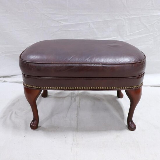 Oval Leather Stool with Queen Anne Legs