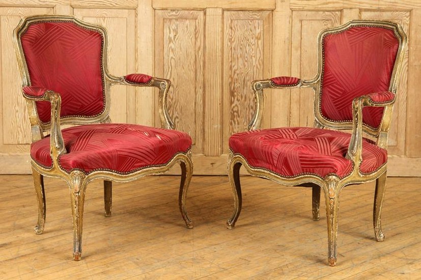 PAIR FRENCH LOUIS XV STYLE OPEN ARM CHAIRS C.1920