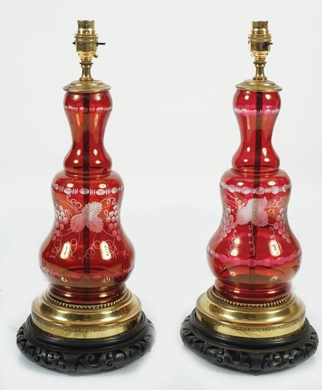 PAIR OF BRASS AND RUBY GLASS STEMMED TABLE LAMPS