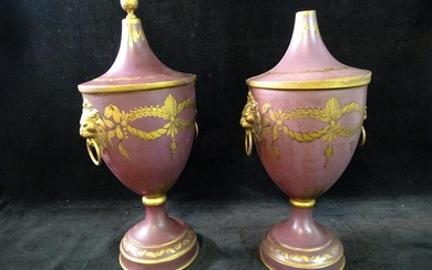 PAIR OF TOLE URNS, AUBERGINE AND GOLD, 16"H X 7.5"H (MISSING ONE FINIAL)