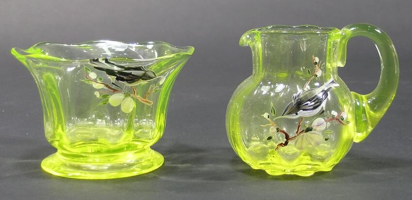 PAIRPOINT VASELINE GLASS SUGAR BOWL AND CREAMER