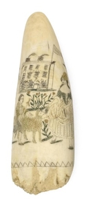 POLYCHROME SCRIMSHAW WHALE'S TOOTH Obverse depicts a woman, a child and a sheep in a garden outside a stately home flying a large pe..