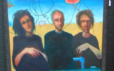 Painting, three figures, oil on wood board, unsigned, has monogram on reverse, dated 1988, possibly