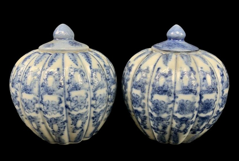Pair Chinese Export Blue & White Lidded Jars