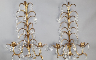 Pair Italian gilt metal candle wall sconces with crystal teardrops