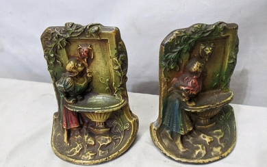 Pair Small Antique Cast Iron Hubley Girl at Fountain
