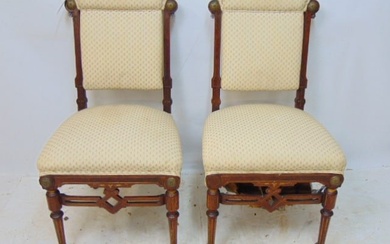 Pair Victorian side chairs, walnut frames, upholstered seat & back, with bronze decoration.