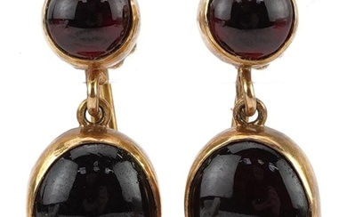 Pair of 9ct gold cabochon garnet drop earrings with screw ba...