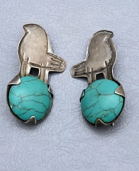 Pair of Artistic 925 Sterling Silver Earrings Set w/ Turquoises Designed by Shula Shek