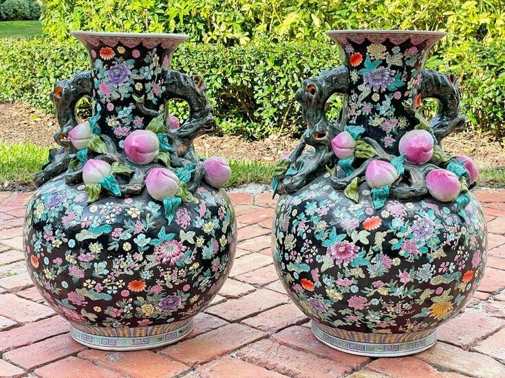 Pair of Famille Noire Hand Painted Porcelain Urns